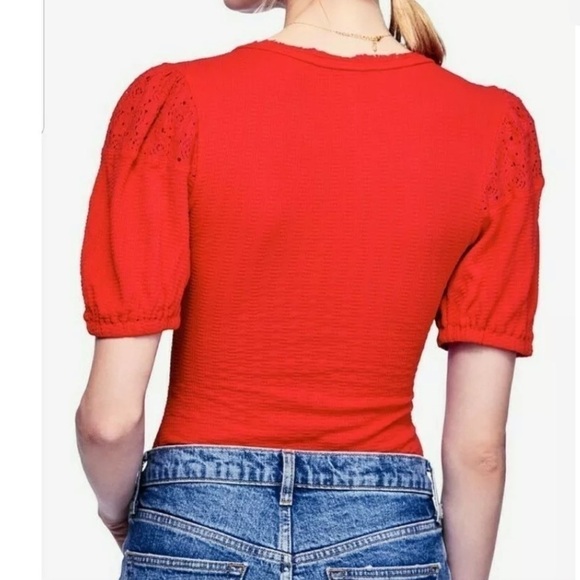 Free People XS St James Red Puff Sleeve Tee top blouse - Picture 6 of 13